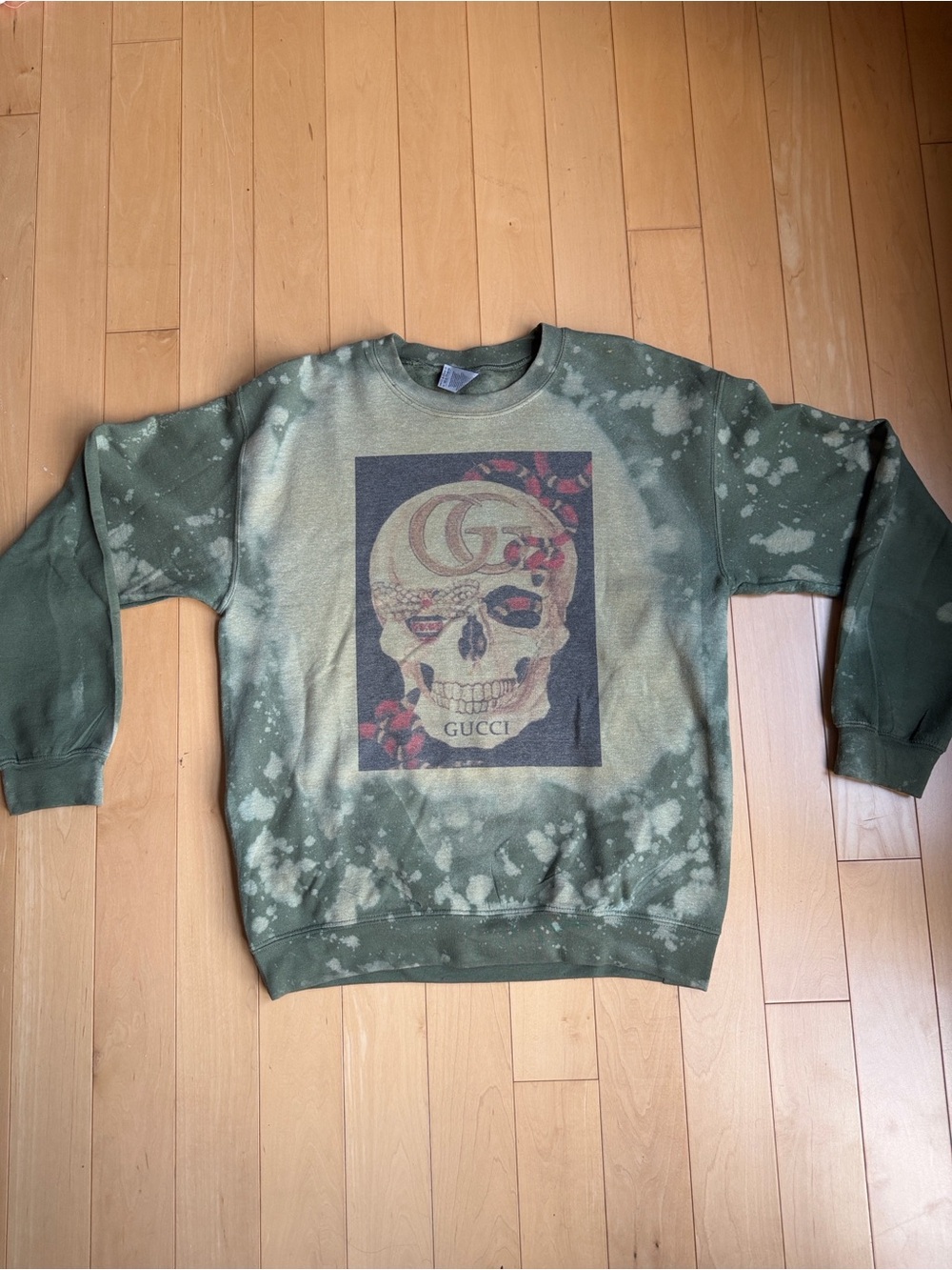 Gucci Olive Green Bleached Skull Graphic Crewneck Sweatshirt